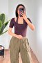 Lace-Up Neckline Short Sleeve Plum Blouse - 2