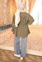 Khaki Buttoned Sleeve Elastic Waist Drawstring Modal Woven Shirt - 5