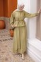 Oil Green Collar Gathered Waist Tie Skirt Suit - 2