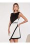 Women's Strappy Crew Neck Asymmetrical Cut Double Color Short Imported Crepe Dress - 3