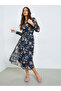 Navy Floral Midi Dress with Long Sleeves - 3
