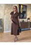Women's short sleeve v-neck midi dress with zipper detail at neck and hem, two-tone viscose.