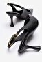 Women's Thin Heeled Buckle-Strapped Open-Back Pointed Toe Heeled Shoes; Black Patent Leather - 4