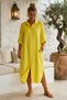 Italian Yellow Shirt Collar 3/4 Sleeve Buttoned Hidden Pocket Oval Skirted 100% Linen Woven Dress 125 62