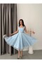 Baby Blue Lace Embroidered Sequined Belted Square Neck Evening Dress - 3