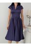 Purple V-Neck Belted Short Sleeve Midi Evening Dress - 5