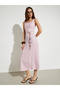 Pink Square Neck Midi Dress with Beaded Tie-Waist - 3