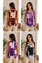 New Season Women's Patterned Round Neck Strappy Single Jersey Blouse - 5