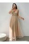 Women's Double Breasted Collared Long Tulle Dress with Belt - 5
