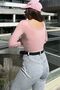 Women's Powder Front and Back Deep Low-Cut Collar Long Sleeve Cotton Combed Blouse 3580165 - 3