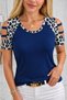 New Season Women's Short Sleeve Round Neck Viscose Blouse with Stripe Detail on the Sleeves and Leopard Print - 4