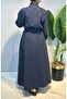 Belted Half-Zip Double Pocket Chic Line Striped Dress 5161 Navy Blue - 4