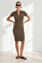 Women's Brown Zippered Polo Collar Ribbed Mini Dress Elb-19002660 - 2