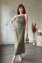 Khaki Midi Dress with Linen Shoulder Accessory Detail and Slits - 5