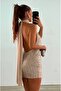 Women's Beige Backless Tasseled Mini Sequined Evening and Night Dress - 4