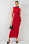 Women's High Collar Gathered Zero Sleeve Slit Red Dress - 6
