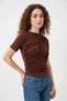 Women's Round Neck Gathered Detail Short Sleeve Brown Blouse - 2
