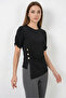 Women's Round Neck Button Detailed Gathered Sleeve Black Blouse - 5