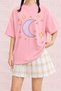 Women's Kawaii Moon and Star Printed Oversize Crew Neck Cotton Casual Combed Cotton T-Shirt