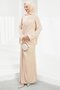 Beige Waist Gathered Stoned Evening Dress - 5