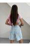 Women's Stoned Jean Bermuda Shorts High Waist Denim Shorts Light Blue Crystal Stone Detailed - 8