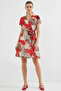Women's Short Sleeve Belted Patterned Chiffon Red Dress - 3