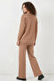Women's V-Neck Buttoned Knitwear Camel Set - 7