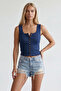 Women's Cobalt Blue U-Neck Strappy Buttoned Blouse Alc-X15539 - 3