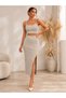 Women's Sleeveless Strappy Crop Top Slit Midi Skirt Ribbed Camisole Beige-Set, Crop-Skirt Bottom Top Set - 3