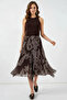 Women's Round Neck Asymmetrical Pleated Patterned Chiffon Brown Skirt - 2