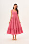 Red and White Gingham Square Collar Midi Dress with Ruffle Detail at the Hem - 6