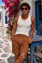Men's Cargo Pocket Pleated Brown Linen Summer Shorts Ls-93070 - 3
