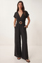 Belted Long Linen Jumpsuit Lub0376 Black - 2