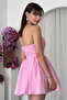 Women's Poplin Fabric Strapless Corset Detailed Ruched Mini Puffy Dress - 3
