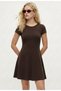 Women's Aretha 100% Cotton Short Sleeve Bell Cut Knitted Brown Short Dress - 2