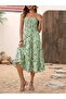 Women's Patterned Long Single Jersey Dress with Wide V-Neck and Rope Strap - 3