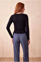 Women's Black Corded 95% Cotton / 5% Elastane Slim Fit Crew Neck Long Sleeve Side Gathered Lace-Up Blouse Angela - 5