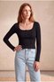 Women's Black Ribbed Square Neck Long Sleeve Blouse with Snap Front and Babylock Detail Fernanda