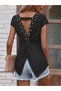 Women's Short Sleeve Open Back Viscose Blouse with Pearl Detail - 3
