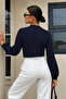 Women's Navy Blue Elastic Sleeve Wrinkled Shirt Arm-24K001002 - 2