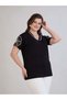Women's Clover Sleeve Patterned V-Neck Black Stylish Combed Cotton Tshirt - 4