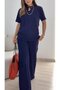 Women's Short Sleeve Crew Neck Viscose Two Thread Blouse and Pants Double Set - 4