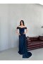 Navy Blue Off-Shoulder Draped Glittering Long Evening Dress - 2