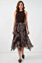 Women's Round Neck Asymmetrical Pleated Patterned Chiffon Brown Skirt - 7
