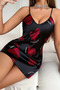 Black Satin Nightgown with Big Red Heart Pattern