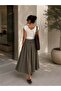 Long Skirt with Self-Drawn Stripes and Pockets - Loose Fit Elastic Waist Skirt Khaki My3535 - 6