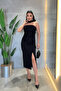 Double Fabric Strapless Pencil Dress with Shawl Detail - Black - 2