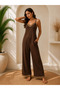 Women's Ethnic Stripe Pattern Detailed V-Neck Strappy Long Crepe Jumpsuit with Pockets