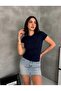 Women's Navy Blue Crew Neck Short Sleeve T-Shirt with Stretch Fabric