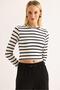 Women's Stripe Patterned Crop Blouse Black - 3